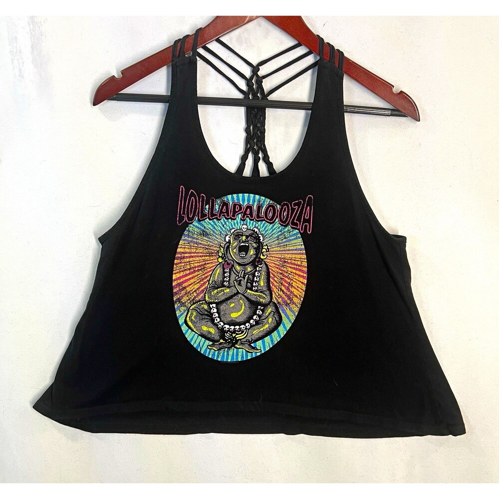 Lollapalooza Women’s Tank Top Buddha Graphic Black Racerback Size XL